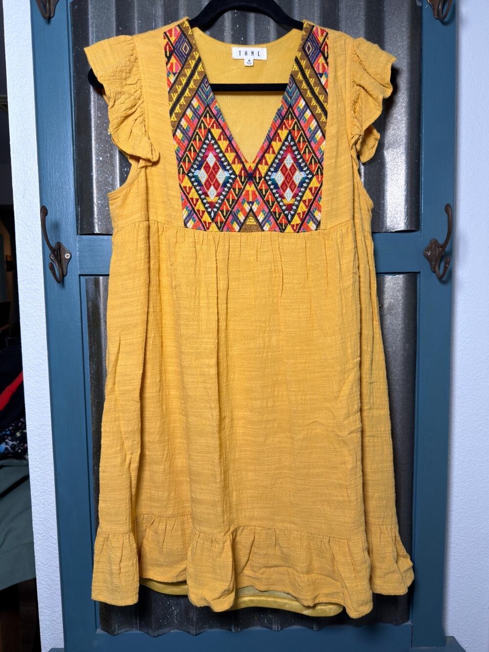 THML Yellow Dress Medium Aztec Embroidered Yoke Ruffle Flutter Sleeves Boho